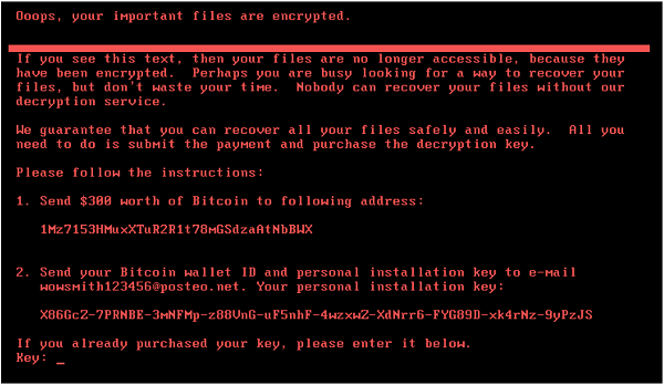 Screenshot of prompt stating "Oops, your important files are encrypted."