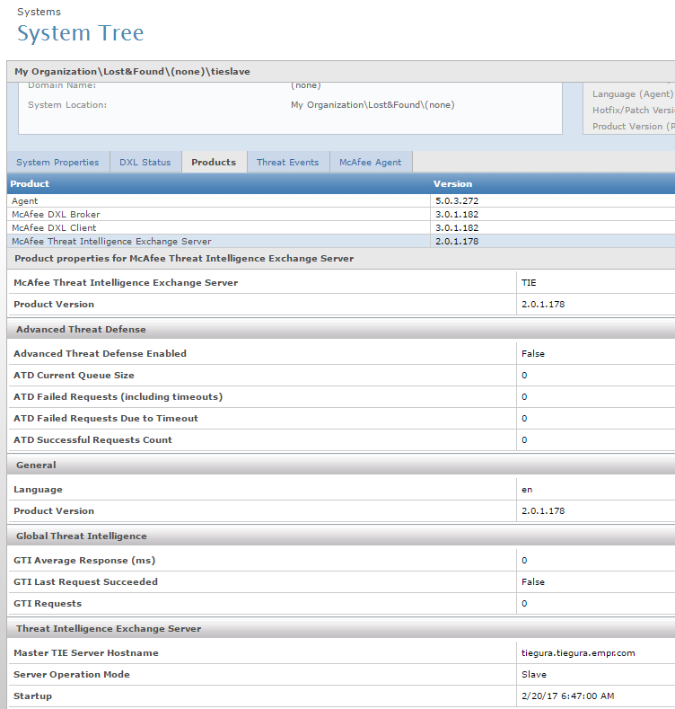 Página Árvore de sistemas mostrando produtos de McAfee personalizados do TIE