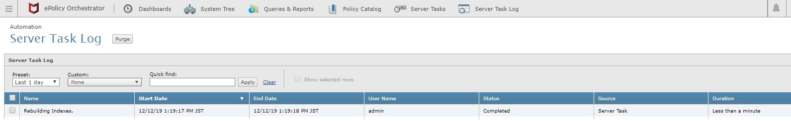 Server Task Log showing completed events