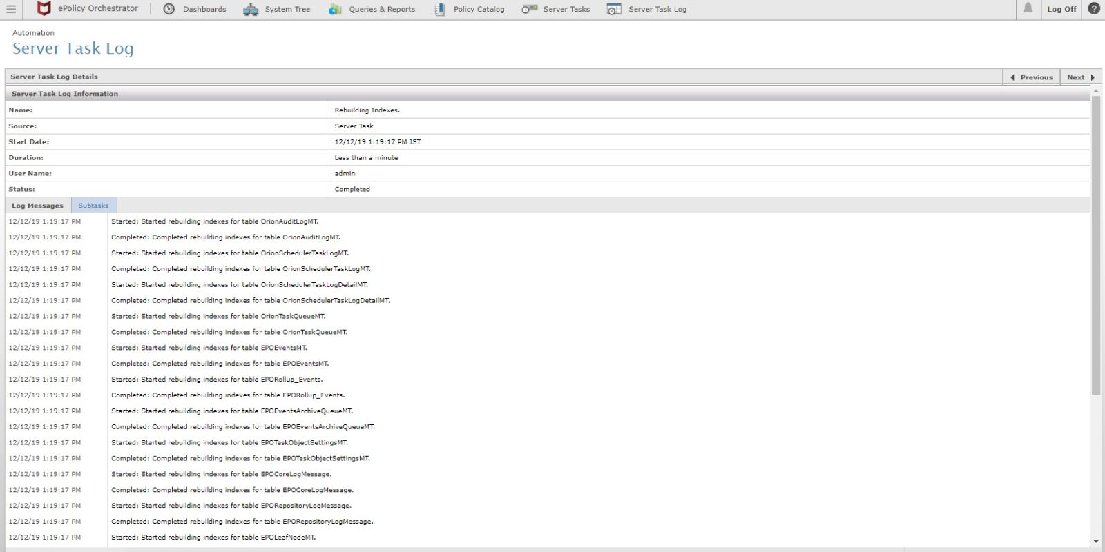 Server Task Log Details page showing completed events