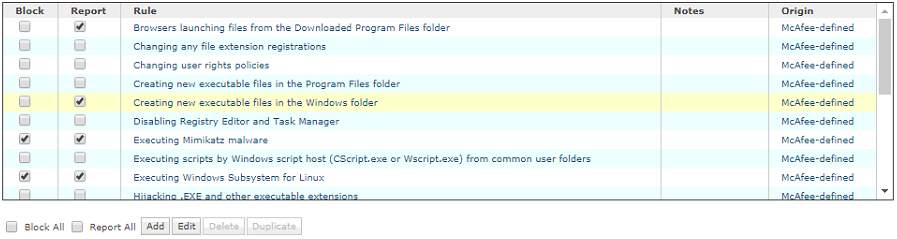 ルール「Windows フォルダに新しい実行ファイルを作成する」を有効にした場合のスクリーンショット
