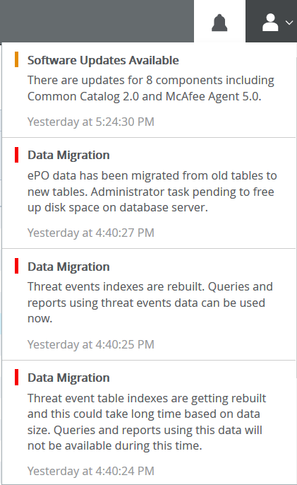 Examples of notifications created by the Migrate Data to New Tables server task 