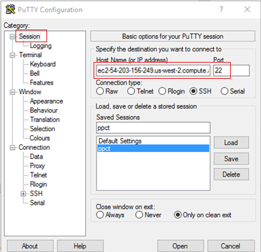 PuTTY Configuration, Session section, with the Host name field highlighted