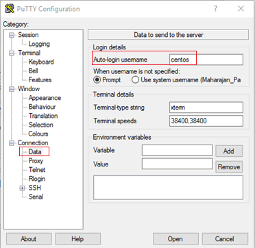 PuTTY Configuration, Connections-Data section, with the user name field highlighted