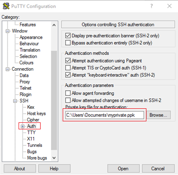 PuTTY Configuration, Connections-SSH-Auth section with the Private key file field highlighted