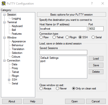 PuTTY Configuration, Session section, showing localhost as the host name