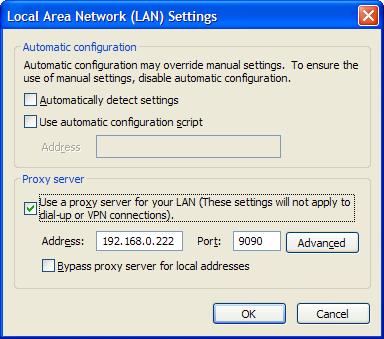 Captura de tela de Internet Explorer configurações de proxy que são usadas na PAC arquivo