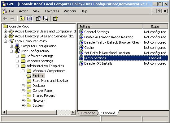 A tela do GPO mostra o local da política de configurações de proxy