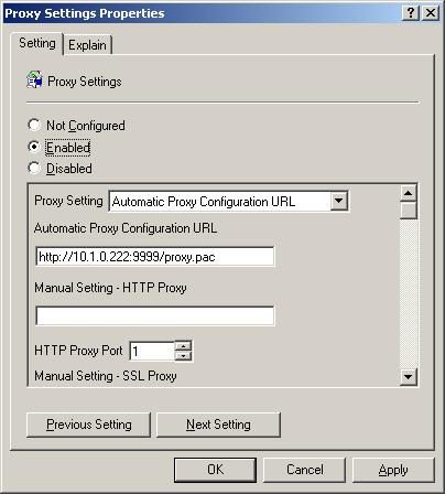 Propiedades de configuración de proxy con proxy .pac Ubicación de archivo configurada