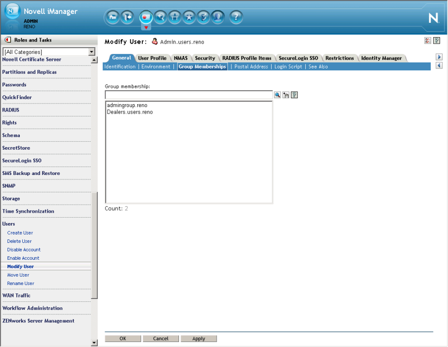 Screenshot of Novell's iManager management interface showing the required values