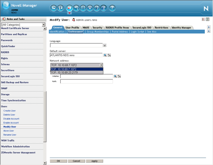 Screenshot of Novell's iManager management interface showing the required values
