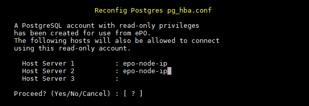 Reconfig Postgres pg_hba.conf screen with multiple ePO nodes