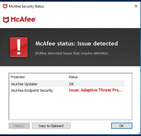 McAfee status: Issue detected