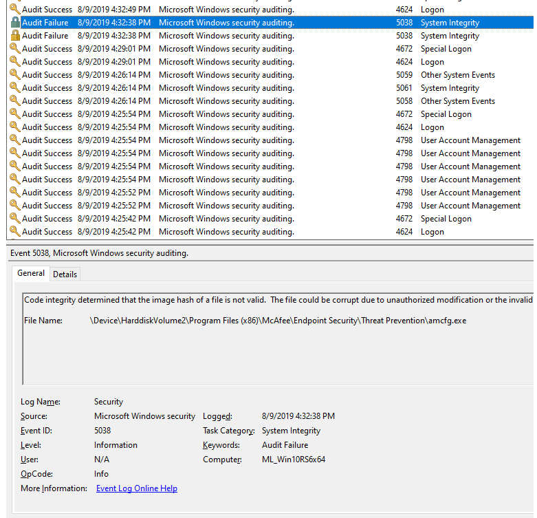 amcfg.exe の Windows イベント ビューアのセキュリティ監査失敗メッセージのスクリーンショット
