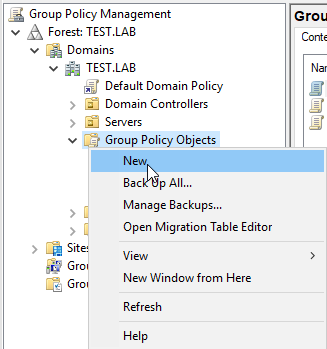 Group Policy Object screen showing the New menu option