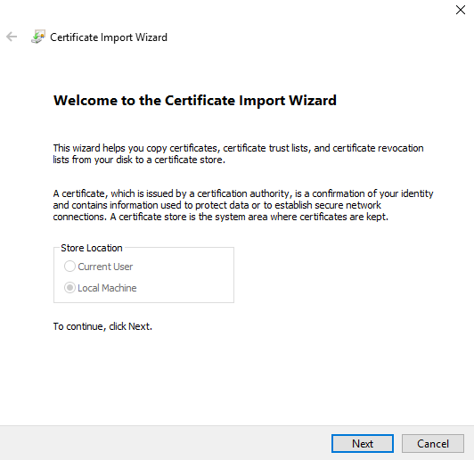 Certificate Import Wizard Welcome screen