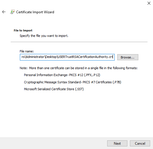 Certificate Import Wizard file selection screen