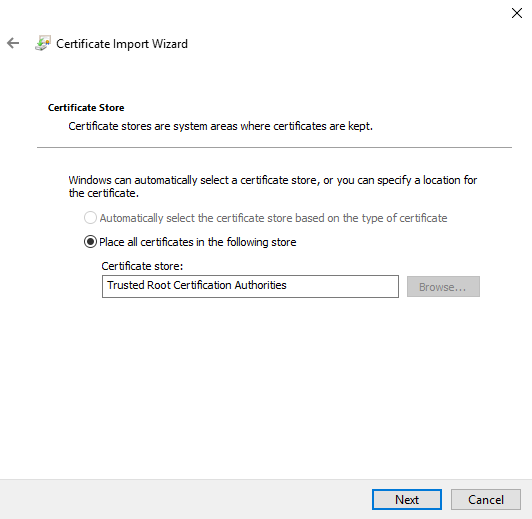 Certificate Import Wizard Certificate Store screen