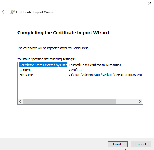 Certificate Import Wizard closing summary screen.