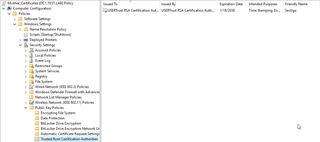 Group Policy Object showing the Imported certificate 