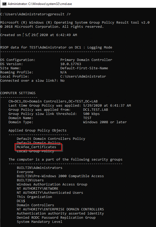 Example of command window output after you run gpupdate gpresult /r.
